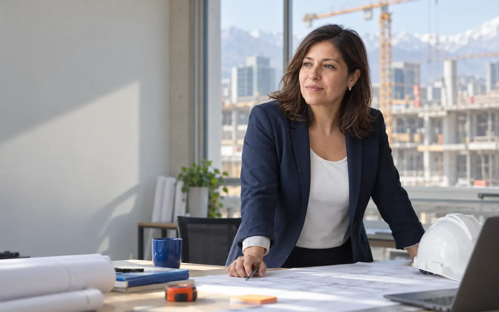 A person reviews plans in a construction site office.