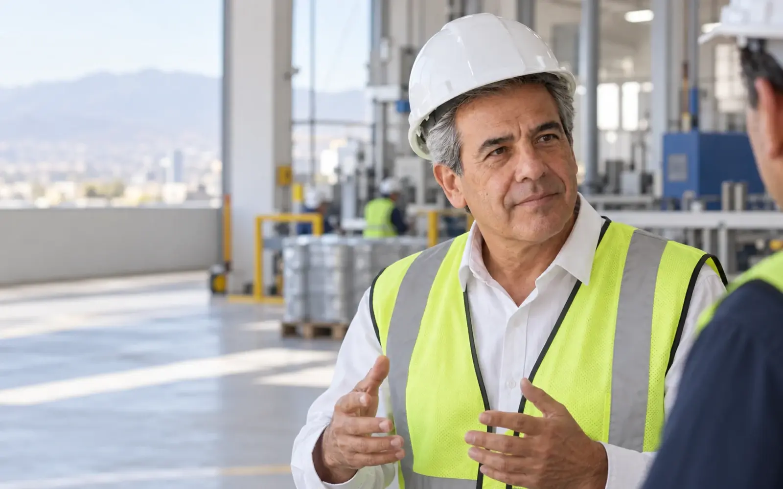 Una persona con casco recorre una planta industrial.