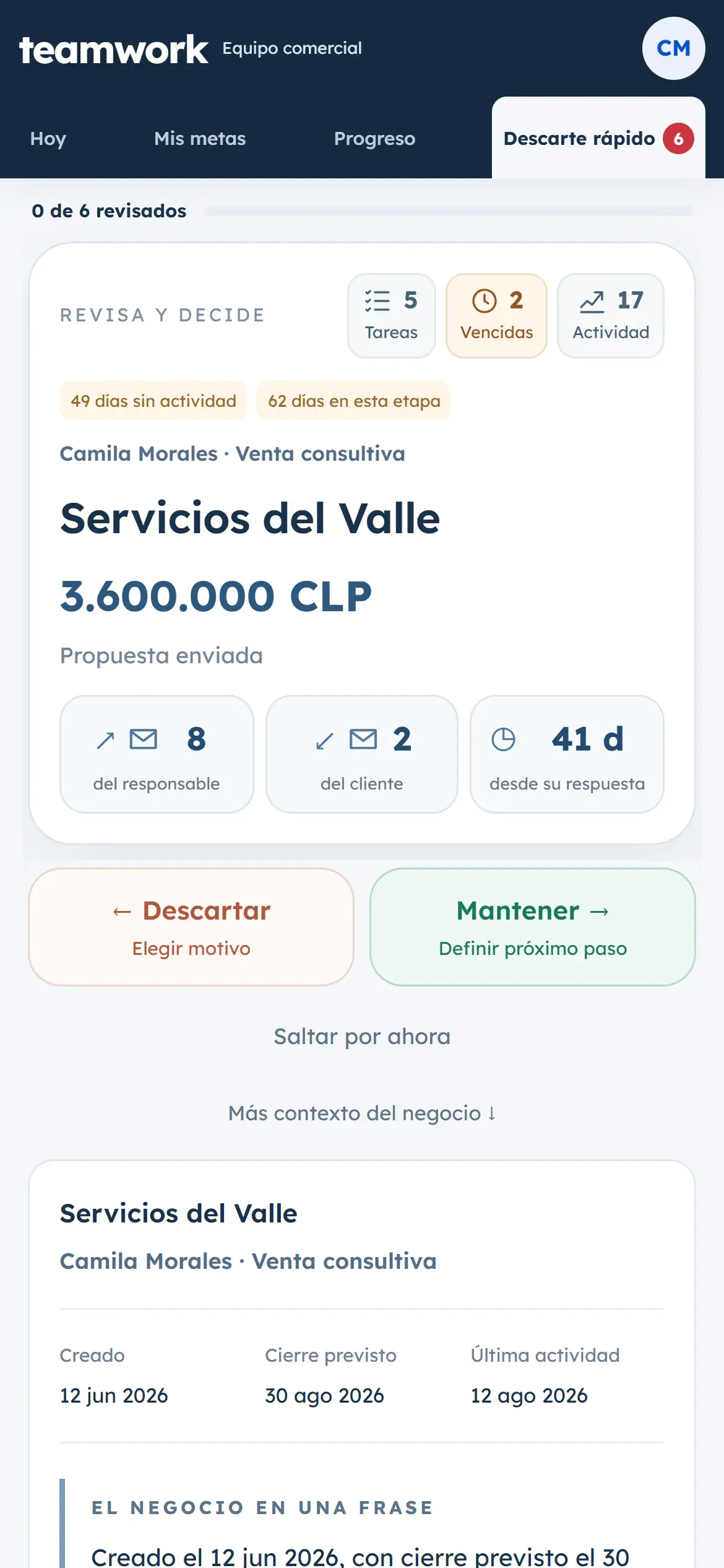 Descarte rápido de Teamwork en el celular: cada negocio estancado en una tarjeta para descartarlo o mantenerlo con un toque