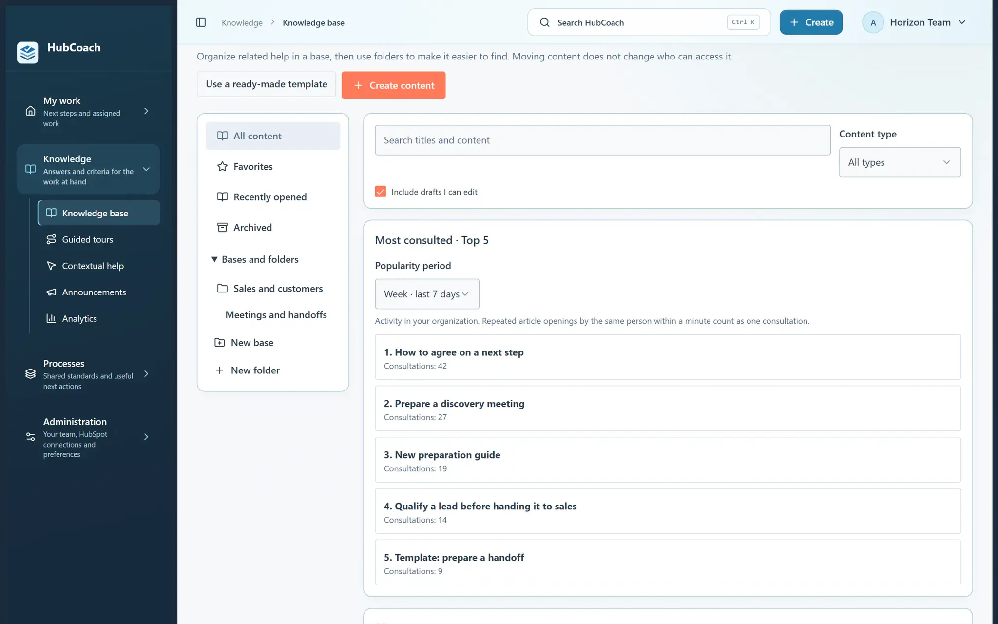 HubCoach knowledge base with folders, favorites and the Most consulted block for the last 7 days