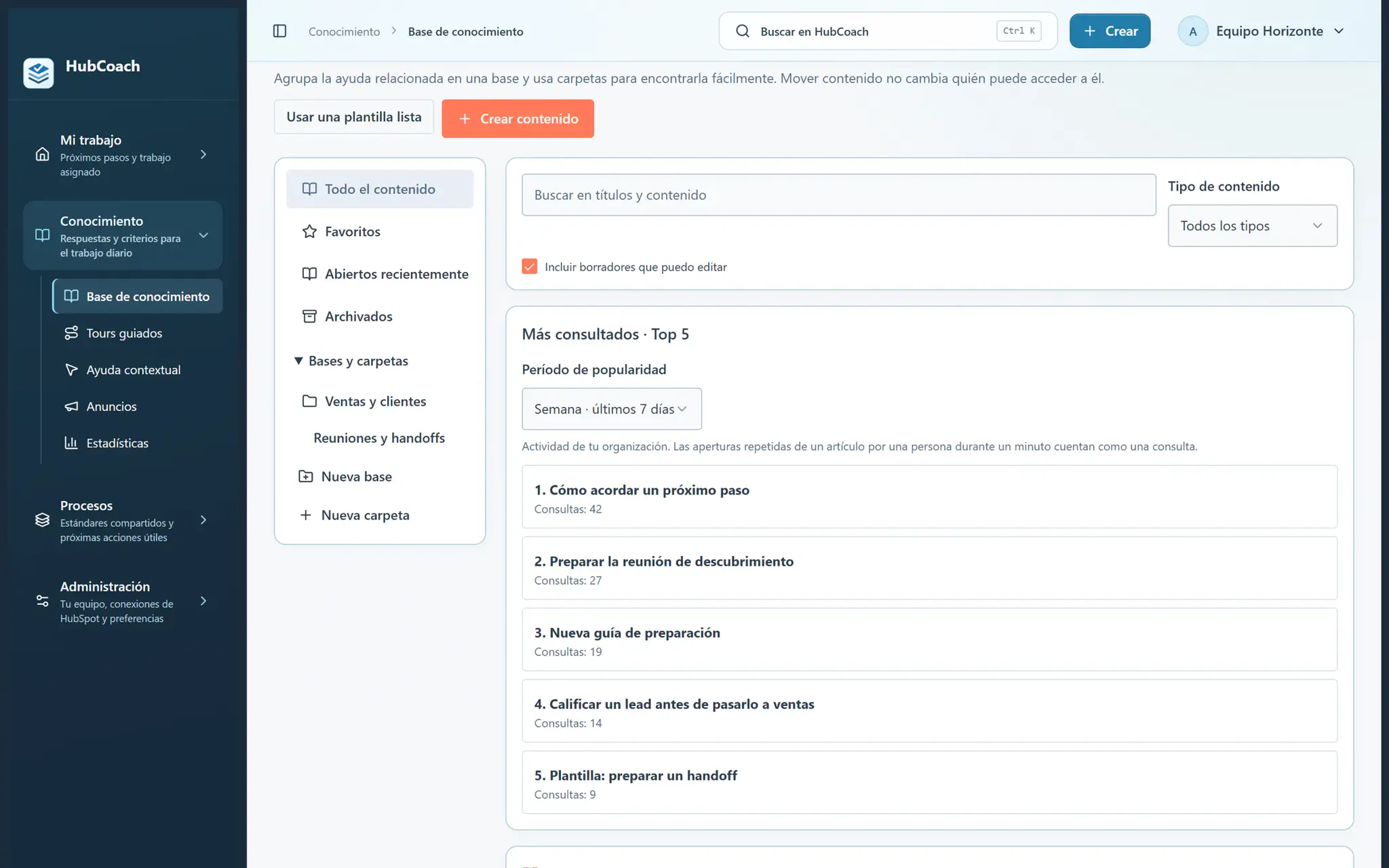 Base de conocimiento de HubCoach con carpetas, favoritos y el bloque Más consultados de los últimos 7 días