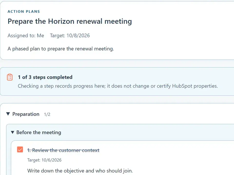 The Prepare the Horizon renewal meeting action plan, with one of three steps done