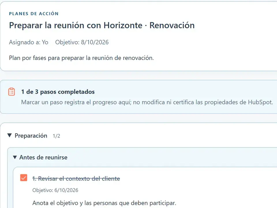Plan de acción Preparar la reunión con Horizonte · Renovación, con uno de tres pasos completado