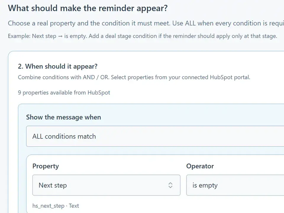 A HubCoach rule condition: show the reminder when the Next step property is empty