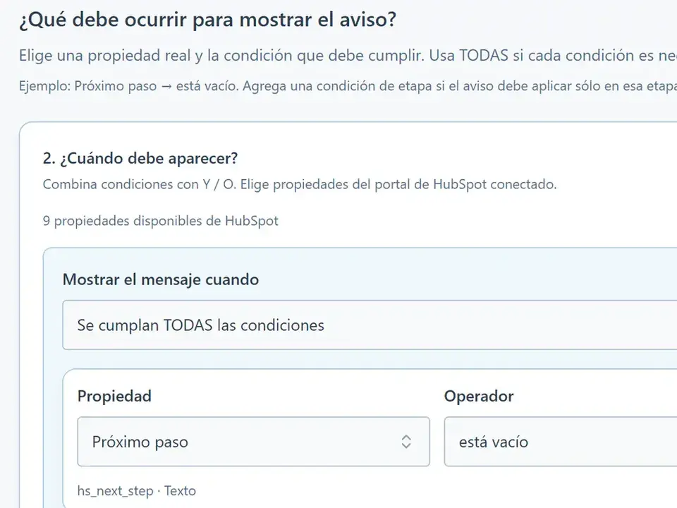 Condición de una regla de HubCoach: mostrar el aviso cuando la propiedad Próximo paso está vacía