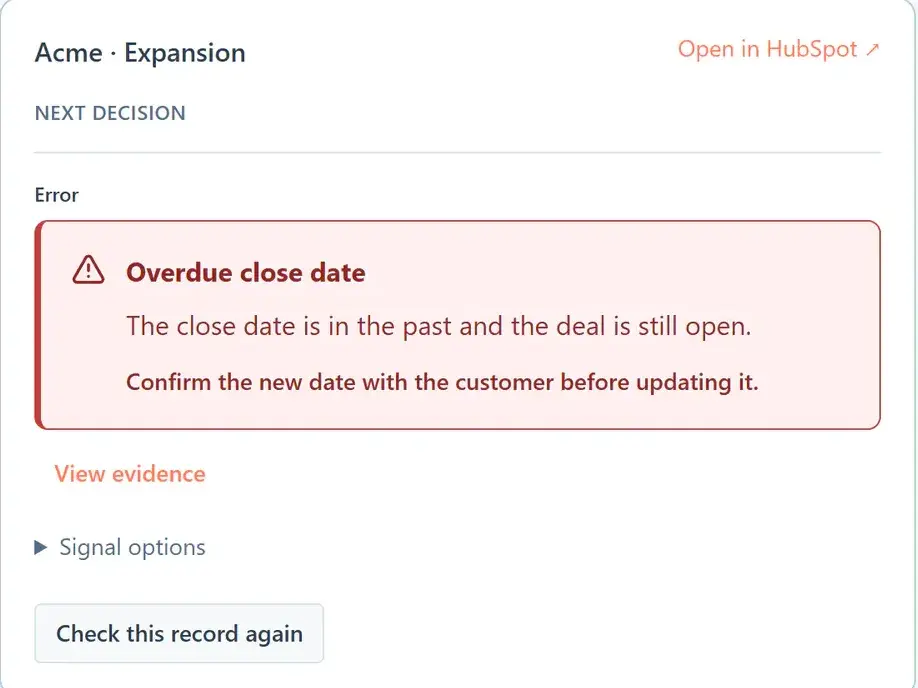 A deal card on the process board with the Overdue close date notice and the instruction to confirm the new date with the customer