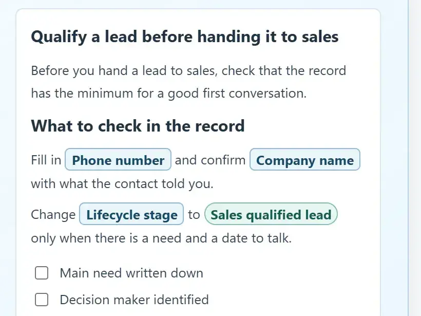 The Qualify a lead before handing it to sales article in the Side Panel, with the Phone number, Company name and Lifecycle stage fields in boxes