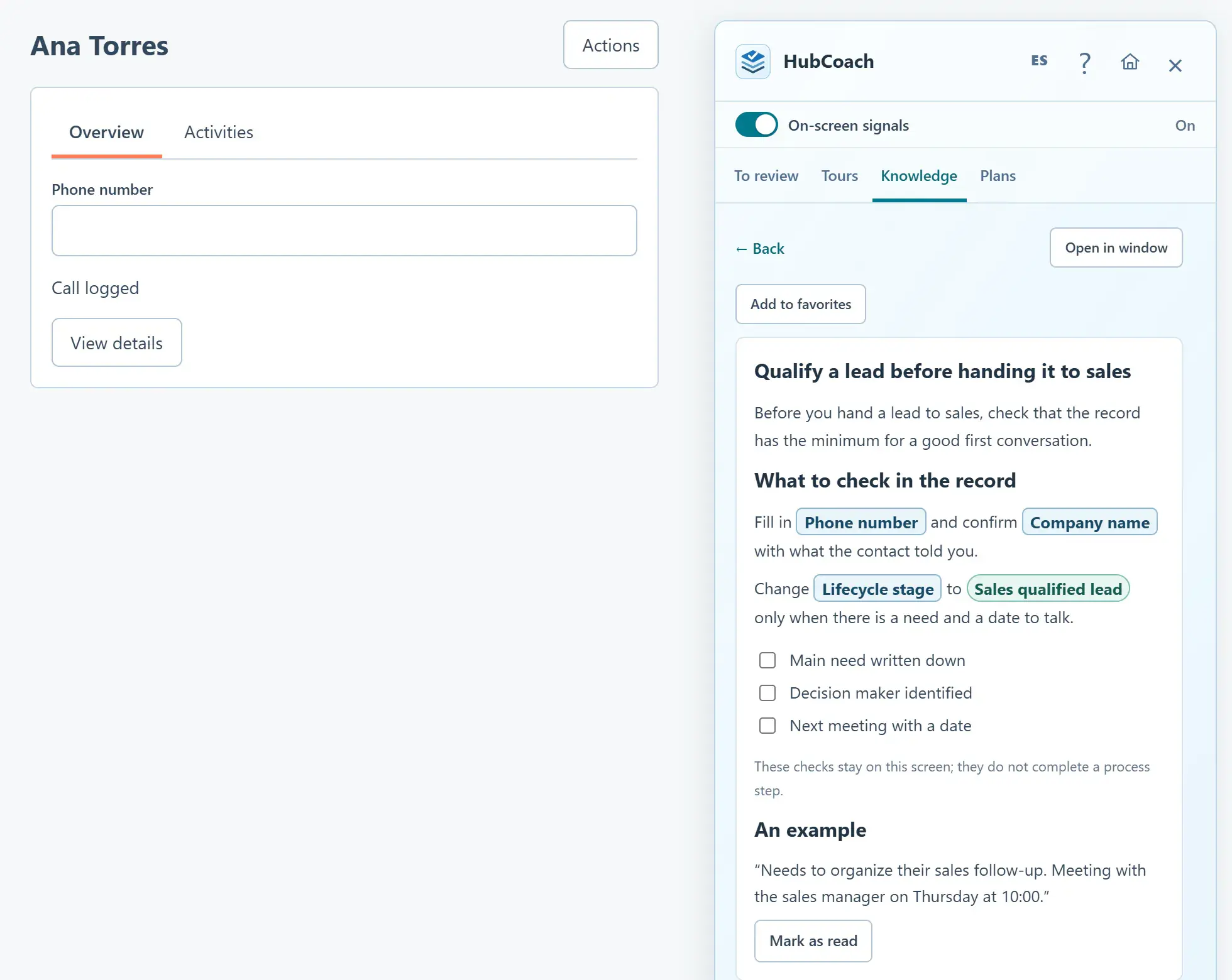 A Knowledge article open in the Side Panel next to a contact: real HubSpot fields such as Phone number and Lifecycle stage appear in boxes