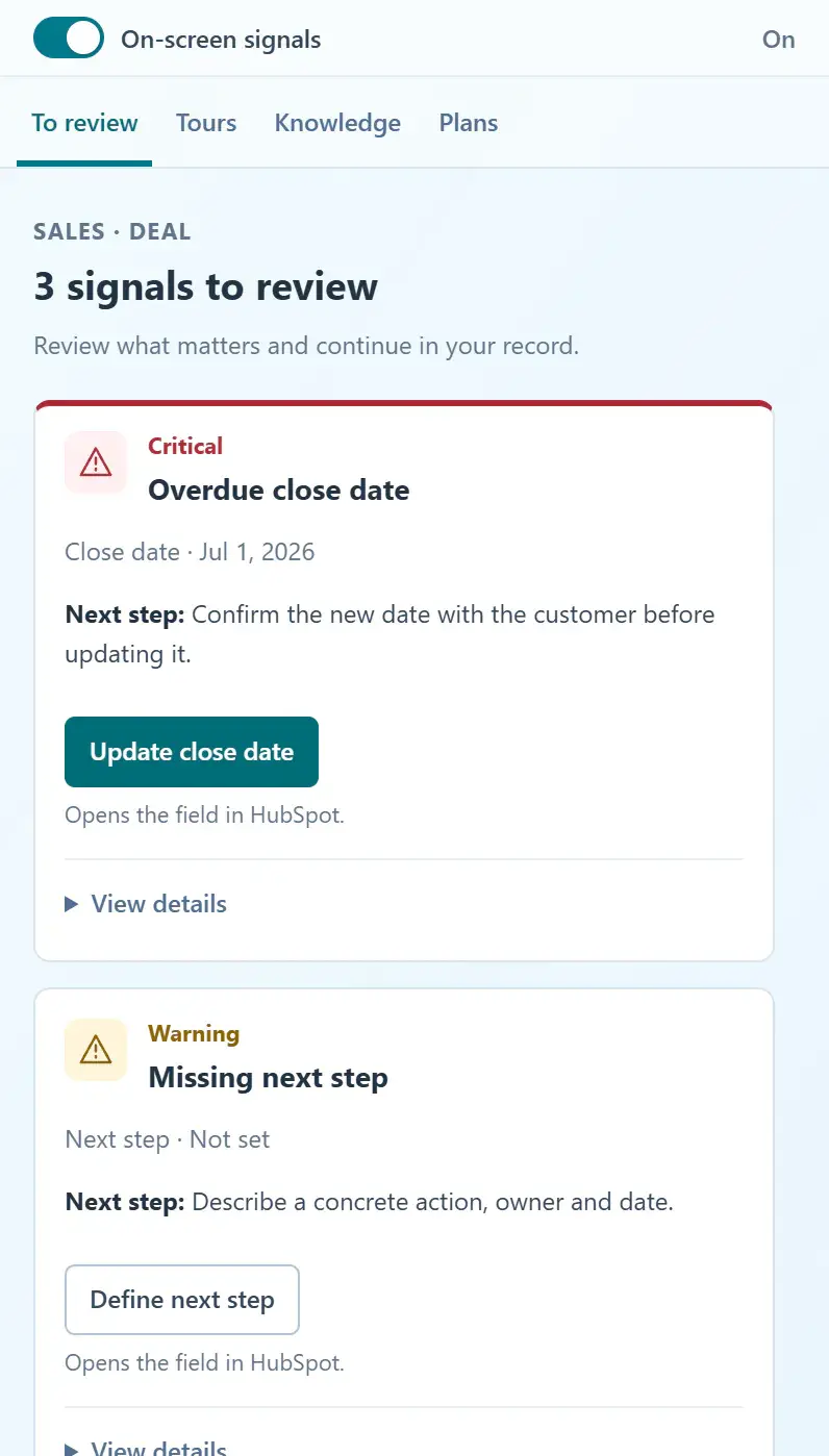 HubCoach Side Panel on the To review tab: three signals for the deal, each with the next step and a button that opens the field in HubSpot
