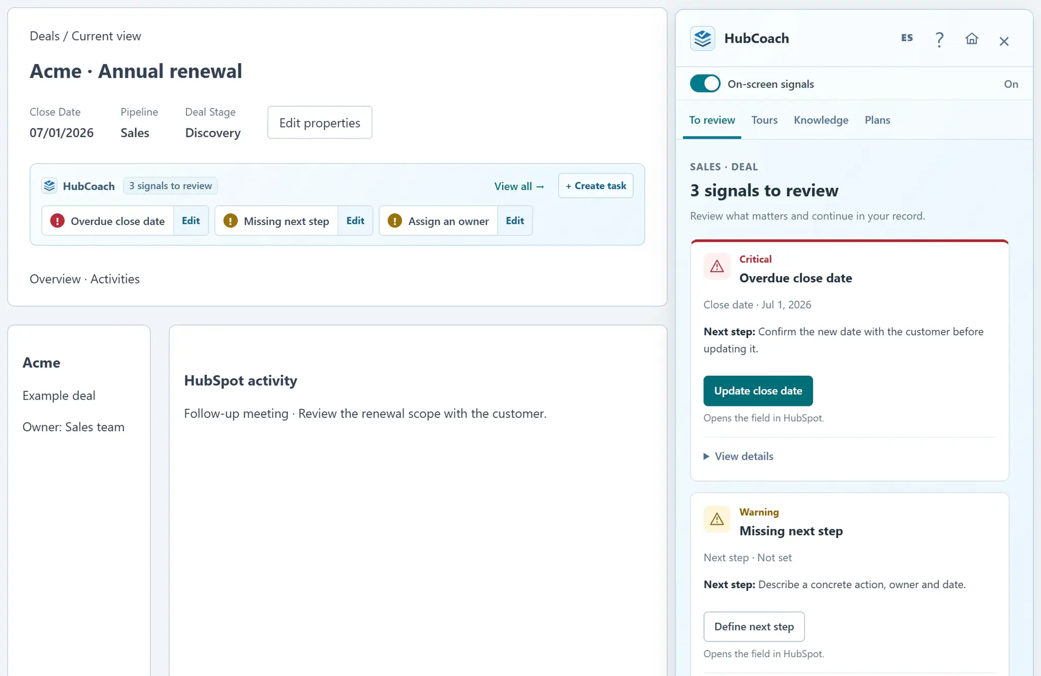 A HubSpot deal record with the HubCoach signal strip showing three signals to review, and the Side Panel open on the overdue close date and the missing next step