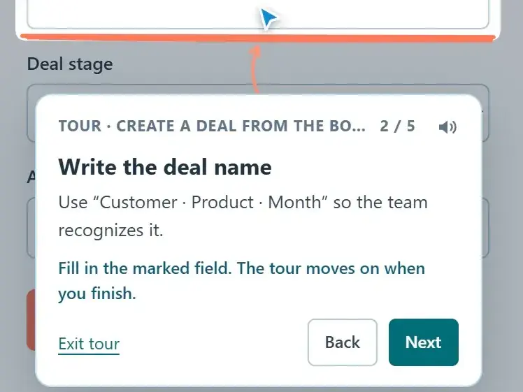 A guided tour balloon at step 2 of 5: write the deal name, with the Back and Next buttons