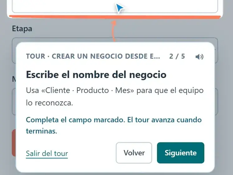 Globo de un tour guiado en el paso 2 de 5: escribe el nombre del negocio, con los botones Volver y Siguiente