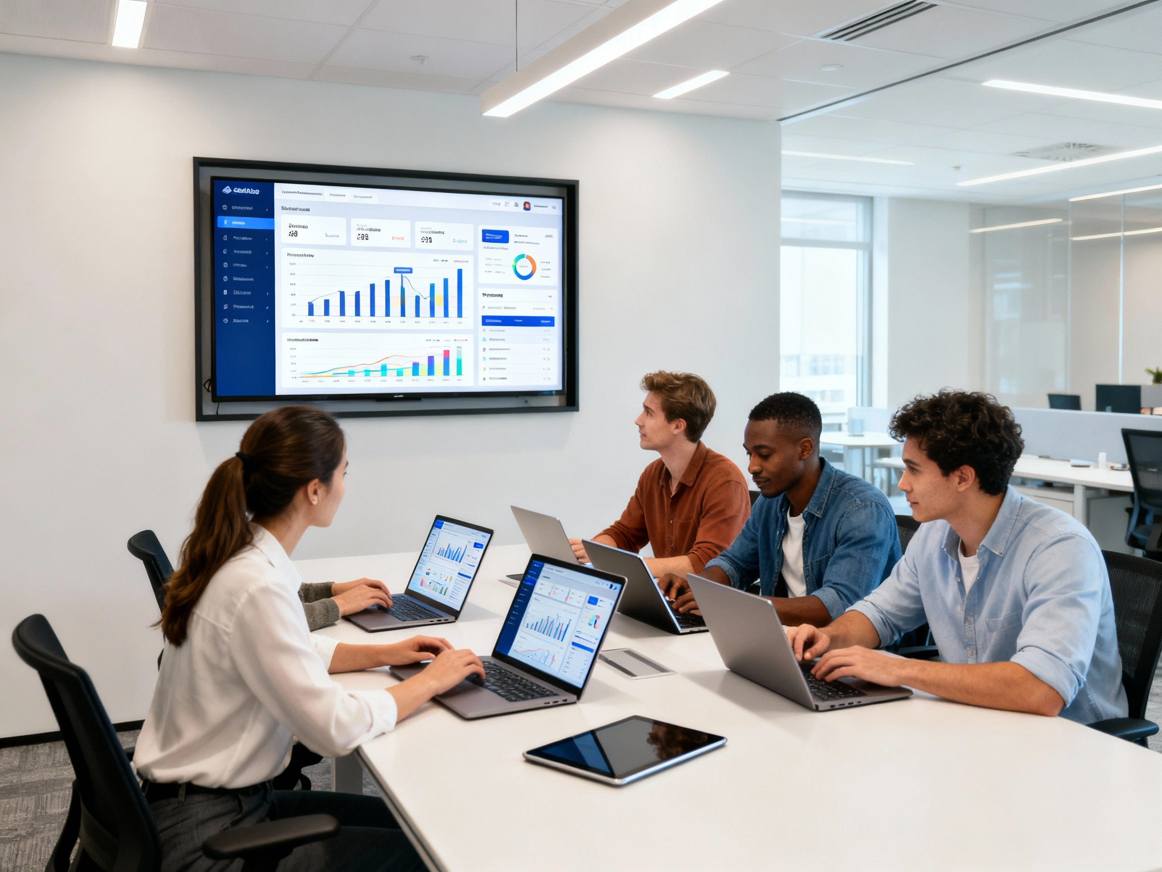 Equipo colaborando con tecnología