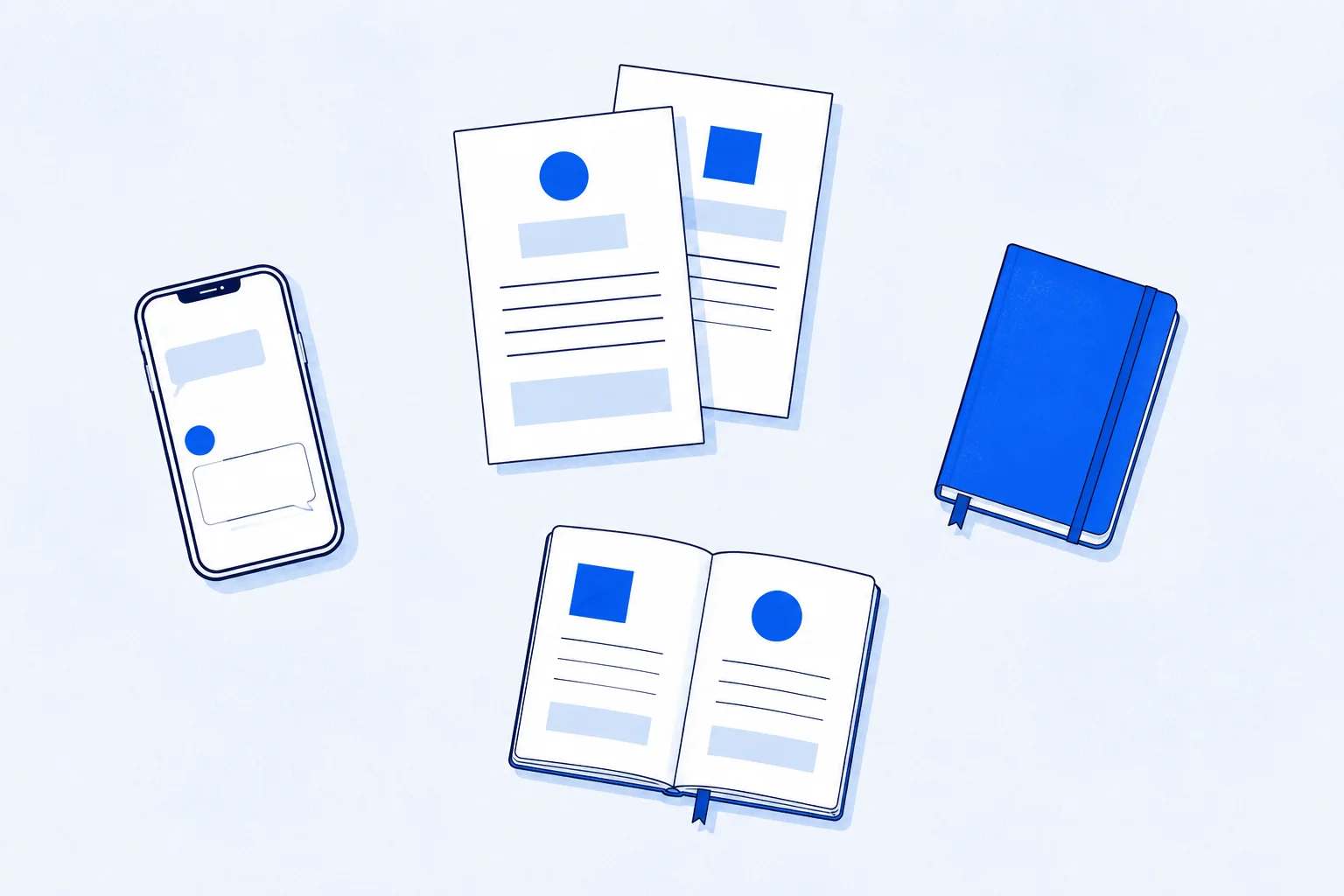 Ilustración de conversaciones y documentos repartidos entre un teléfono y cuadernos individuales.