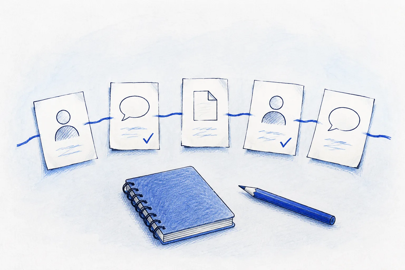 Five work cards connected by a blue line beside a notebook and pencil.